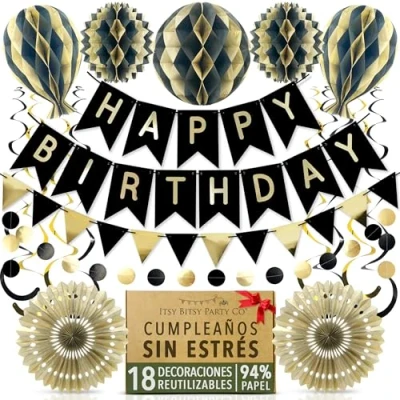 Imagen de decoraciones de fiesta cumpleaños reutilizables alta calidad, juego decoración negro y dorado, pancarta feliz cumpleaños, banderines panal,