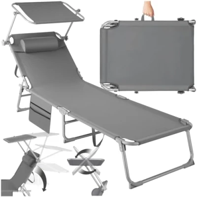 Imagen de TecTake® Tumbona Jardín Exterior de Acero, Plegable con Reposacabezas, Parasol y Bolsillo Lateral, Playa Reclinable 6 Posiciones, Piscina Resistente a Intemperie Gris
