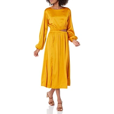 Imagen de The Drop Vestido para Mujer, Jacob Midi Sedoso de Manga larga con Cut Out Discreto, Amarillo Dorado, XS