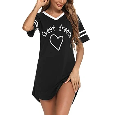 Imagen de Litherday Camisón Mujer Verano Algodón Sexy Negro Camisones para Ropa Dormir de Talla Grande, Negro, L