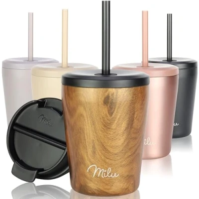 Imagen de Milu Termo Cafe 300ml, 400ml, 500ml Vaso Termico Antigoteo, Taza Termica acero inox sin BPA, Insulated Mug para llevar (Wood, 300ml)