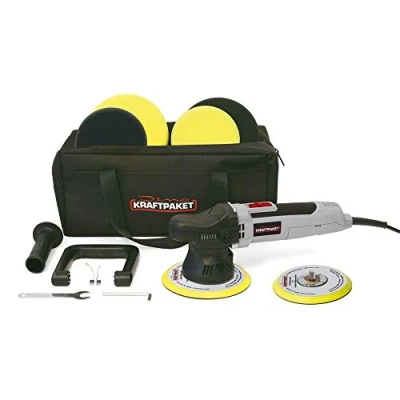 Imagen de Dino KRAFTPAKET Pulidora excéntrica para coche, barco, 9 mm, 650 W, incluye almohadilla de apoyo y funda, 125 mm + 150 color gris