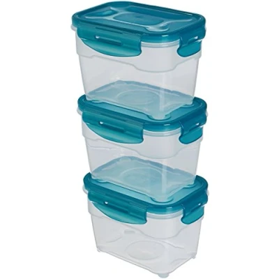 Imagen de Amazon Basics Contenedores herméticos sellados con tapa de plástico sin BPE, apilables y aptos para frigorífico/congelador, microondas lavavajillas. Conjunto 3 piezas 1 l, traslúcido