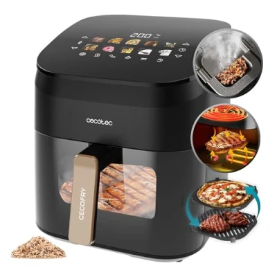 Imagen de Cecotec Freidora de Aire sin Aceite 6,5L Plancha Grill Doble Resistencia Ahumador Integrado Air Fryer Cecofry&amp;Grill Smokin&#039; 6500. 2200W, Temperatura Regulable 40 200C, 10 Menús