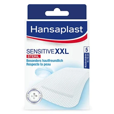 Imagen de Hansaplast Apósitos Sensitive XXL, apósito para la protección de heridas medianas a grandes, estériles sin látex, 1 paquete 5 unidades 8 x 10 cm