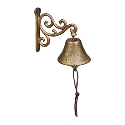 Imagen de Relaxdays Gusseisen Türglocke Campana Pared Arabescos Retro, Hierro Fundido, Diseño Envejecido, con Cuerda, Timbre para Exterior, Dorado, 15,5 x 10 17,5 cm Aprox