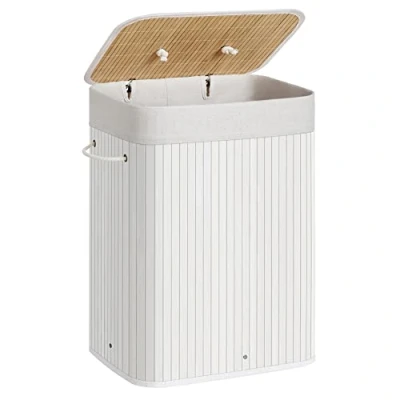 Imagen de SONGMICS Cesto de la Ropa Sucia con Tapa, 72 L, Lavandería Bambú, Plegable, Bolsa Lavable Extraíble, Asas, para Lavandería, Dormitorio, Blanco LCB010W01