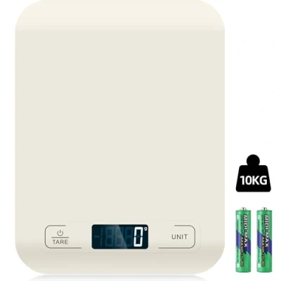 Imagen de báscula de cocina digital, 10 kg, con pantalla LCD y función tara, para hornear cocinar, medir ingredientes, exactamente 1 g (blanco)