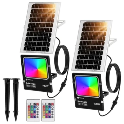 Imagen de Aigostar 100W Foco Solar Exterior RGB con Mando a Distancia, 8000mAH Batería de Gran Capacidad y Panel Solar. Impermeable IP66. Proyector LED para Interior Jardín, Patio, Camino, 2Uds