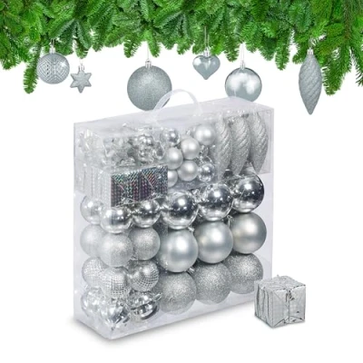 Imagen de Relaxdays Set 110 Bolas Árbol Navidad, Decoración Navideña Plástico, Adornos Colgantes, Espumillones, Plateado, 9 x 8 cm