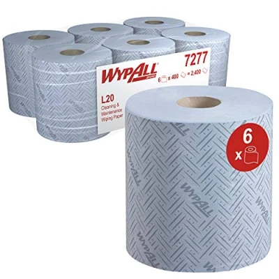 Imagen de paños de papel color azul para mantenimiento y limpieza WypAll L20 7277 rollos con dispensación central 2 capas 6 azules x 400 (2400 en total)