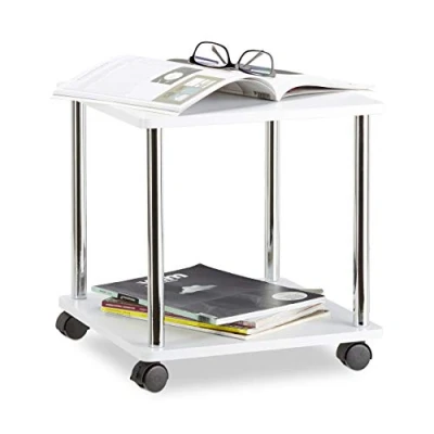 Imagen de Relaxdays Mesa Auxiliar Pequeña con Ruedas, Madera y Acero Inoxidable, Blanco, 40x40x41.5 cm