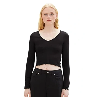 Imagen de TOM TAILOR Camisa cropped de mujer vaquera manga larga con estructura acanalada, Negro (14482 profundo negro), 29/30