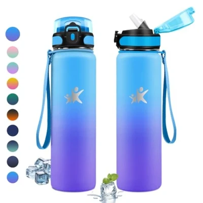 Imagen de KollyKolla Botella Agua Acero Inoxidable 1L, con Pajita, sin BPA, a Prueba de Fugas, Cantimplora Termica Reutilizable para Niño, Niña, Adulto, Escuela, Bicicleta, Bebidas Calientes