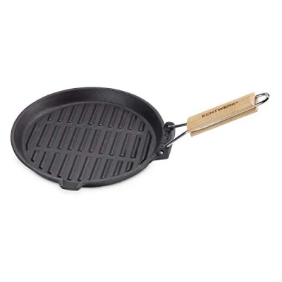 Imagen de ECHTWERK sartén grill de hierro fundido y esmaltada 24 cm, mango madera extraíble, boquilla lateral para la grasa, apta fogones, barbacoas, hogueras, hornos cocinas