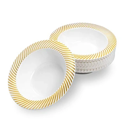 Imagen de MATANA 20 Cuencos de Plástico Blanco con Borde Dorado, 360ml Platos Hondos Resistente y Reutilizable Bodas, Cumpleaños, Bautizos, Navidad, Barbacoas, Fiestas