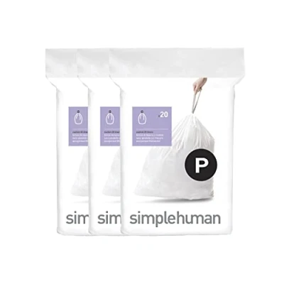 Imagen de simplehuman CW0263 3 x paquete de 20 bolsas basura a medida (60 bolsas), código P, plástico blanco