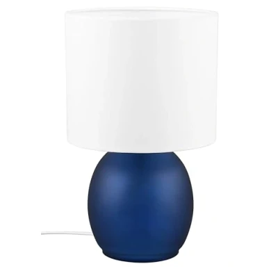 Imagen de Trio Leuchten Lámpara de mesa VELA 517900112, base cristal azul, pantalla tela blanca, excl. 1x E14