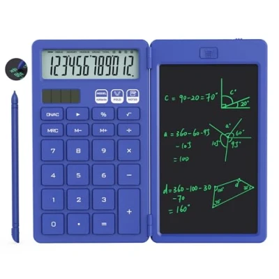 Imagen de NEWYES Calculadora básica portátil con bloc de notas, tableta escritura, pantalla 2 líneas, grande 12 dígitos, energía solar para estudiantes primaria y secundaria, oficina (azul)