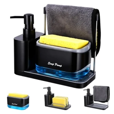 Imagen de Jabonera Cocina, Organizador de Fregadero Negro con Bandeja y Soporte para Esponja, detergente Recargable，Dispensadores Bomba jabón Porta esponjas