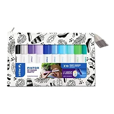 Imagen de Pilot Pintor, Maletín de 10 rotuladores pintura multi Suports a base agua, secado rápido, textil, vidrio, madera, piedra, DIY, punta media, colores cálidos