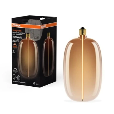 Imagen de OSRAM Vintage 1906 Big Elipse Oval es una lámpara LED regulable con un filamento en forma de elipse. Ofrece 4,8 W para 200 lm, casquillo E27, cristal marrón té, 145 mm diámetro, CRI 80, 1800 K.