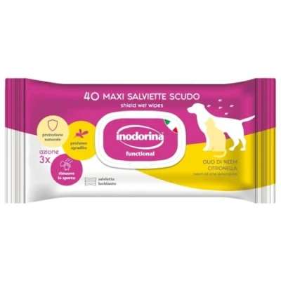 Imagen de Inodorina, Toallitas Escudo para Perros, desinfectantes y perfumadas de Tejido Resistente, humidificadas con lociones específicas, contra parásitos Aceite nim, Paquete 12 Unidades