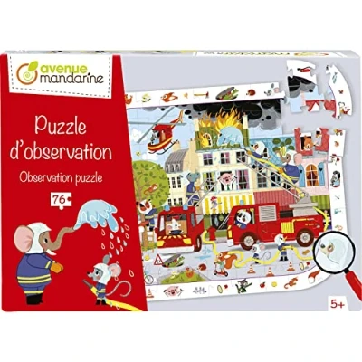 Imagen de Clairefontaine ES AVENUE MANDARINE Puzzle infantil Puzle de observación sobre el tema los bomberos Investigación y encuentra 76 piezas Póster incluido A partir 5 años PU022C