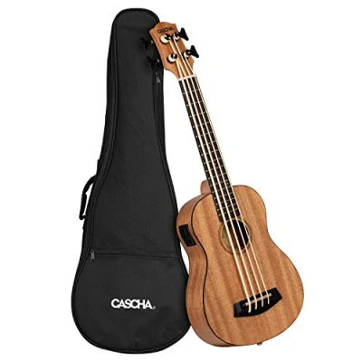 Imagen de CASCHA ukelele bajo de caoba, con funda, afinador, sistema pastilla, juego Aquila Thundergut cuerdas I Pequeño Hawaii Guitarra para principiantes avanzados HH 2175