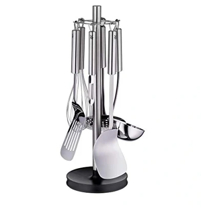 Imagen de WMF Profi Plus Juego de 7 Utensilios Cocina con Soporte, Cucharón, Espumadera, Espátula para Wok, Espátula, Batidor, Pelador Verduras Acero Inoxidable Cromargan Pulido, 42,5 cm