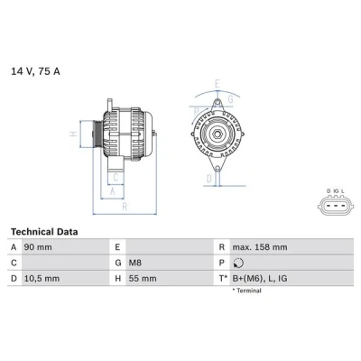 Imagen de BOSCH 0 986 082 830 Alternador 14V 75A SUZUKI: SWIFT 3, SX4 I Hatchback