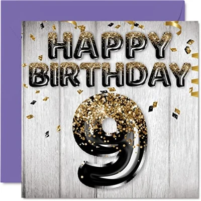 Imagen de Stuff4 Tarjeta de cumpleaños número 9 para niños, globos negros y dorados con purpurina, tarjetas feliz niño años, hijo, hermano, nieto, primo, 145 mm x mm,
