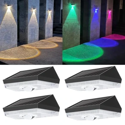 Imagen de ELLASAY Lámparas solares para exteriores, 10 modos de color, jardín, pared, valla, resistente a la intemperie, con modo cambio color RGB, juego 4 luces solares, iluminación exterior