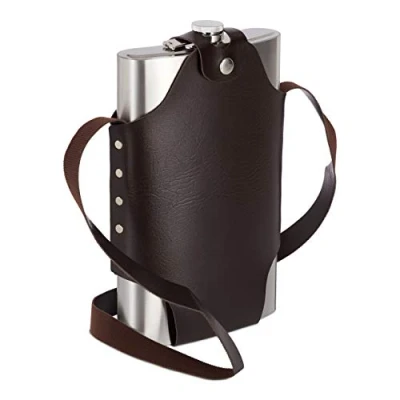 Imagen de 2 Petacas XXL con Funda, Cantimploras, Acero Inoxidable y Cuero Sintético, 1,8 L, Plateado Marrón
