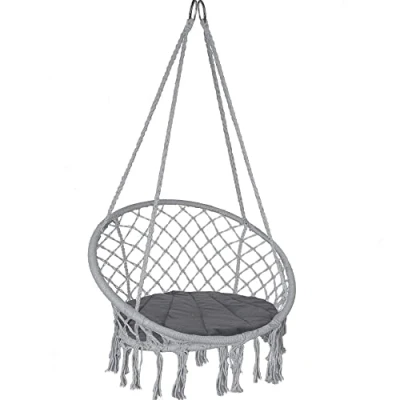 Imagen de VOUNOT Silla Colgante Exterior con Flecos, Hamaca Conjín Redondo, Ø80cm Columpio para Interior y Exterior, Gris