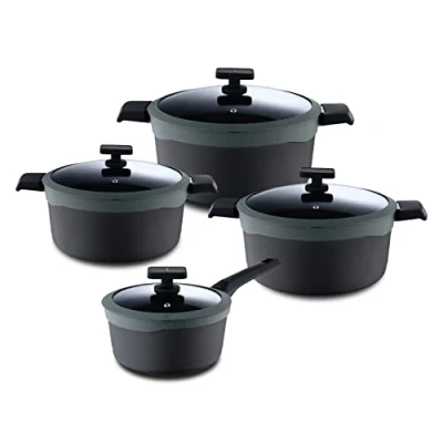 Imagen de MasterPRO Gastro Reeco, Set de 8 piezas, 3 Cacerolas 20, 24, 28 cm y Cazo 16 con Tapa Indicador Temperatura Aluminio Fundido Reciclado Antiadherentes, Olla, Todo Tipo Cocinas