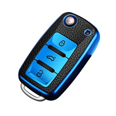 Imagen de Happyit TPU + Funda de Cuero la Cubierta Llave del Coche Compatible con Volkswagen VW Bora Beetle Tiguan Polo Passat B5 B6 MK5 6 Jetta EOS Seat Sagitar Golf 3 Botones (Azul)