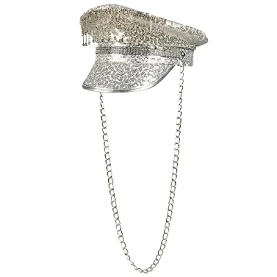 Imagen de Boland 33022 Gorro Dusty Delight, plata, con lentejuelas y cadena de eslabones, estrella rock, señora punk, sombrero, disfraz, carnaval, fiesta temática