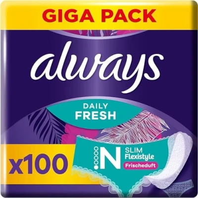 Imagen de Always Dailies Salvaslips para mujer Slim Fresh Normal (100 compresas), paquete Giga Pack, con aroma fresco, apto todas las formas de calzoncillos, transpirables, flexibles