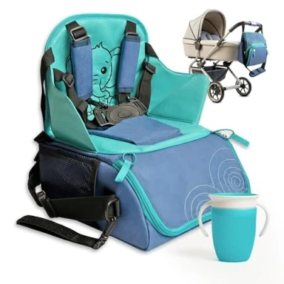 Imagen de 6D20 Trona Portatil Bebe de Viaje Arnés 5 Puntos con Vaso Aprendizaje Alzador Silla para Niños Comer 6 a 36 Meses Comedor
