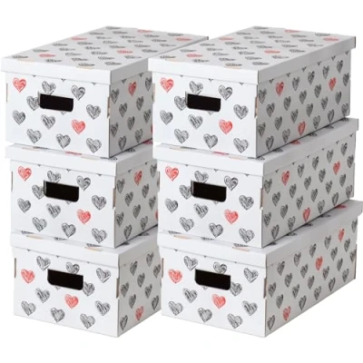 Imagen de Lavatelli Conjunto de 6 Cajas almacenaje Cartón FSC para Armario, Ropa, Cambio Temporada y Transporte, Organizadoras, decoradas, Fácil Ensamblar, con Diseño Corazones, 29x51x20 cm