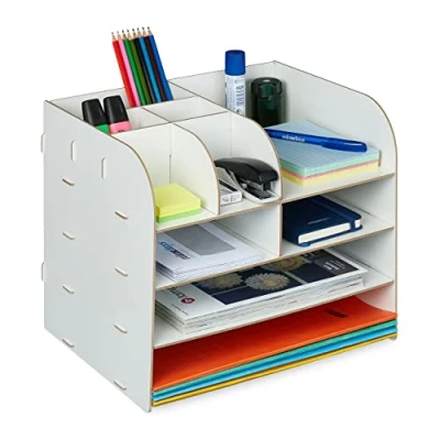 Imagen de Relaxdays Organizador Escritorio Documentos, 10 Compartimentos, 27,5x32,5x25 cm, Cajonera Sobremesa MDF, Color Blanco, Tablero de Fibras