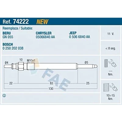 Imagen de FAE 74222 Bujía de precalentamiento 11V M10x1 CHRYSLER: VOYAGER 4, JEEP: Cherokee III
