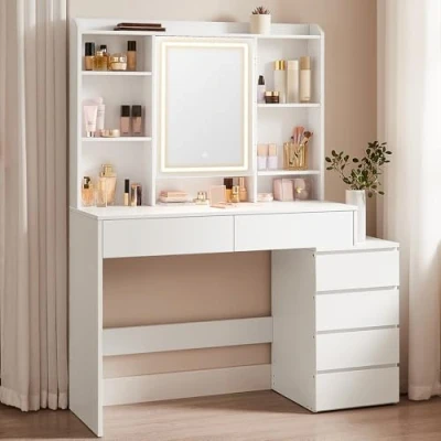 Imagen de VASAGLE Tocador con Luces LED de Brillo Ajustable, Mesa Maquillaje Espejo, Compartimentos Abiertos, Estantes Estación Maquillaje, Moderno, Blanco Nube RDT624W01