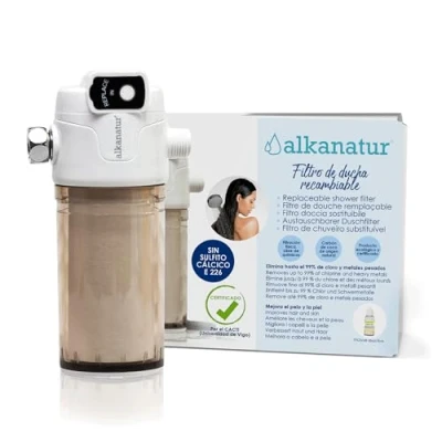 Imagen de Filtro para ducha Alkanatur Totalmente libre de sulfito cálcico Elimina hasta el 99% del cloro y metales pesados 50.000 litros agua Mejora pelo la piel