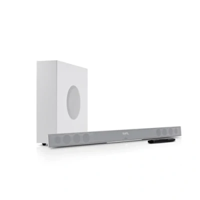 Imagen de Teufel CINEBAR 11 2.1 Soundbar Set con subwoofer inalámbrico, Dolby Audio, Bluetooth 5.0, HDMI 3D ARC CEC, 4K Pass Through, Dynamore, Panel táctil Negro (Blanco)