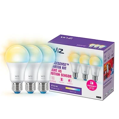 Imagen de WiZ Bombilla LED inteligente, Casquillo E27 8W (Eq.60) 806 lúmens, Luz Blanca Cálida a Fría Regulable, Compatible con Alexa, Google Home, tecnología SpaceSense y Matter Pack de 3