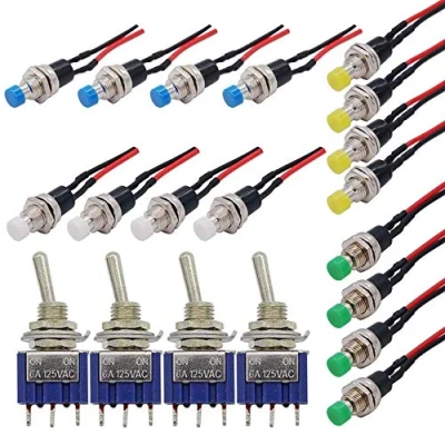 Imagen de GTIWUNG 16Pcs Pre Cableado Mini Interruptor,Momentáneo de Botón 1A 250V AC Resorte con Dos Pines SPST Normalmente Abierto + 4Pcs Interruptor Palanca 125V 6A ON