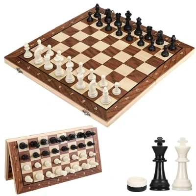 Imagen de Ajedrez Magnetico, 3 en 1 Madera Juego de Backgammon Damas, Portátil Plegable Tablero Ajedrez, Chess Board para Niños y Adultos Viaje (39x39cm)