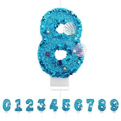 Imagen de Velas Cumpleaños Números 8,3D Sirena Azul Vela,Vela de Número 8 Pastel Decoración,Aniversarios,Baby Shower